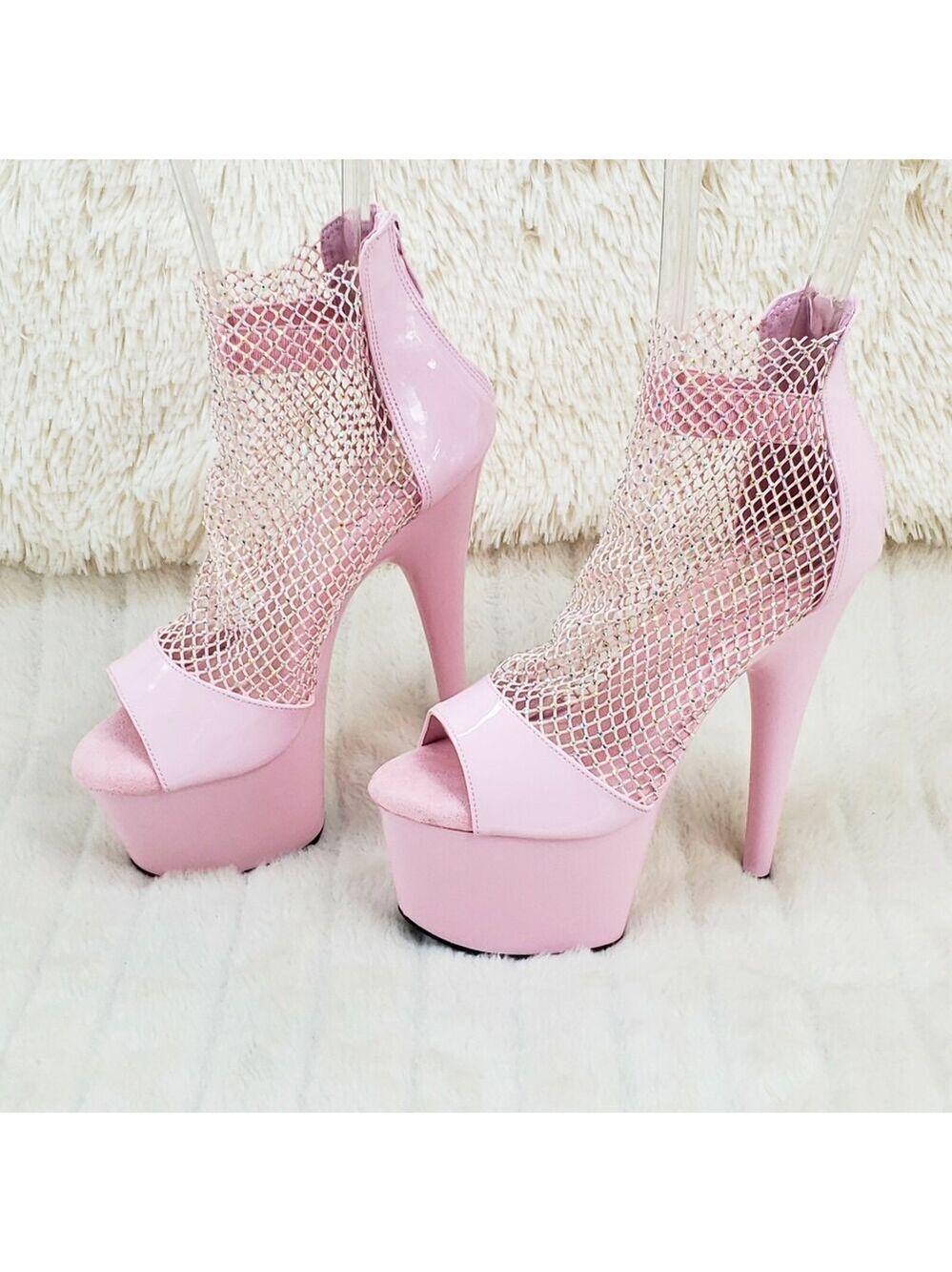 NIB Adore 765RM Baby Pink Rhinestone Mesh Platform 7" High Heel Sandal Shoes - Picture 10 of 13